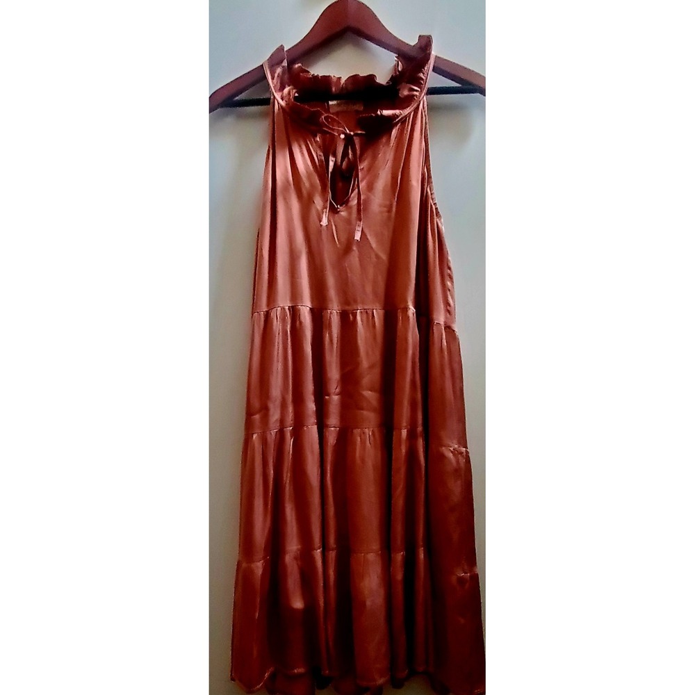 Sofia Dress S Copper Satin Look Ruffle Edge Sleeveless Flirty Tiered Layer Italy